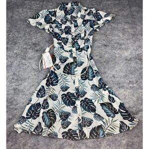 Naif Women's Petite Size PM Flare Dress‎ Button Down Short Sleeve Tropical Leaf